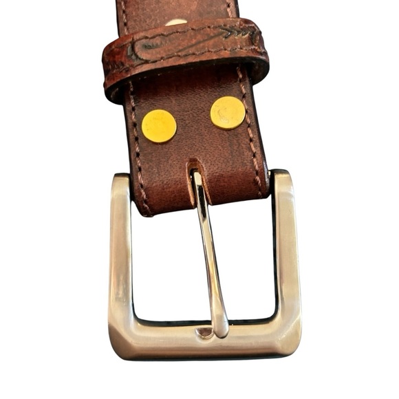 Hilason Genuine Leather Tooled Western Belt Size 36” Dk Brown Silver Buckle - Picture 3 of 6